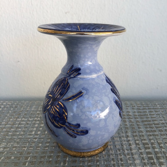 Vintage Cobalt Blue, Gold Floral Hand Painted Porcelain Bud Vase Holland 4.25” H - Picture 3 of 9